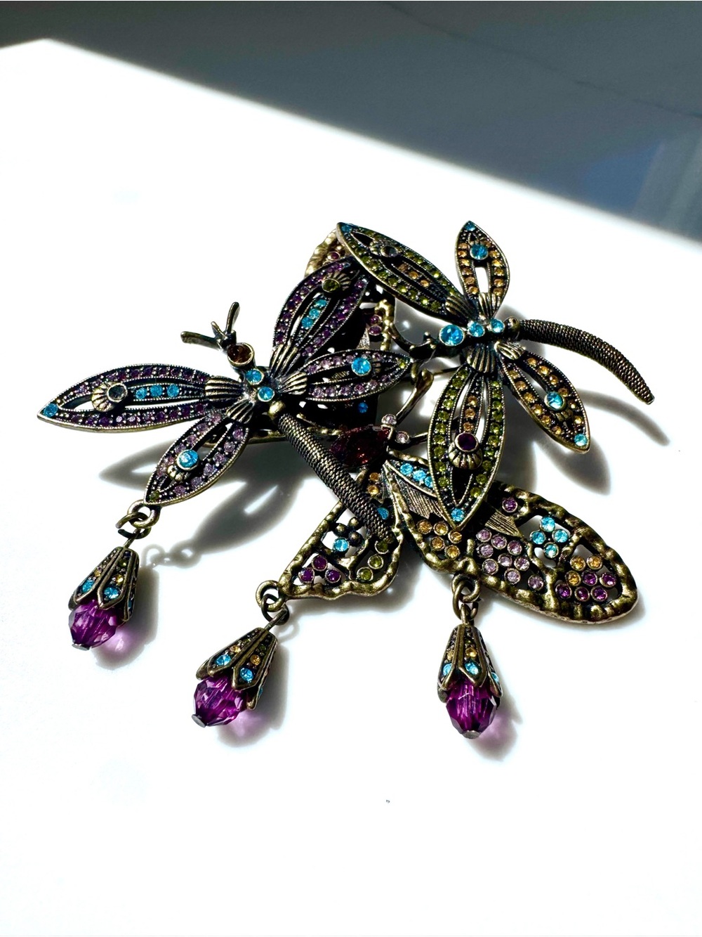 Heidi Daus Dragonfly Brooch in Purple, Teal and Gold Tones